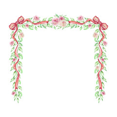 Watercolor Greenery Floral Frame with flowers, bows and ribbons