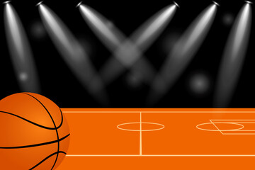 basketball on the court with shining lights on black background for copy space