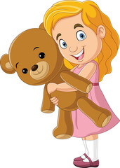 Cartoon little girl holding teddy bear
