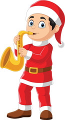 Cartoon little boy in red santa clothes playing golden trumpet