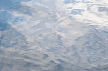 Beautiful abstract watercolor natural background of rippled water surface with distorted shapes, fluffy clouds and blue sky reflections. Copy space for​ graphic​ design of posters or banners