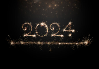 Happy New Year 2024. Burning sparkling text 2024 on black background with glowing particles. Beautiful greeting card and holiday flyer.Text 2024 and underline written with sparklers for holiday design