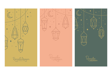 Ramadan Kareem greeting card boho design style with lanterns vector illustration