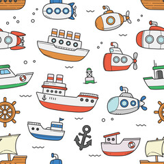 Ship and submarine doodle seamless pattern background wallpaper