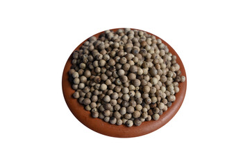 Close up of white pepper seeds in a clay pot in isolated background