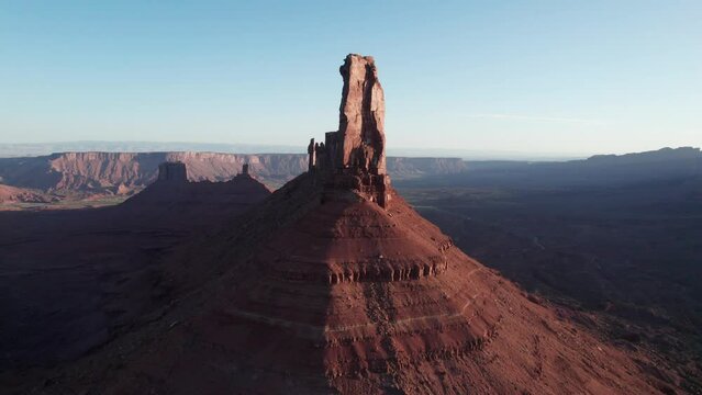 Flyover of Castleton Tower and the Surrounding Desert Landscape