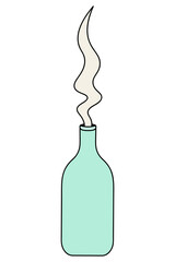 Potion in a green bottle. White vapors come out of the glass vial. Color vector illustration. Cartoon style. Isolated background. Magic drink in a jar. Idea for web design.