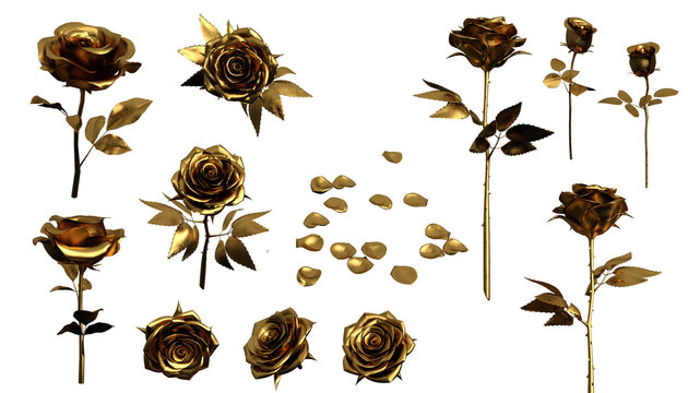 3d render set of golden roses