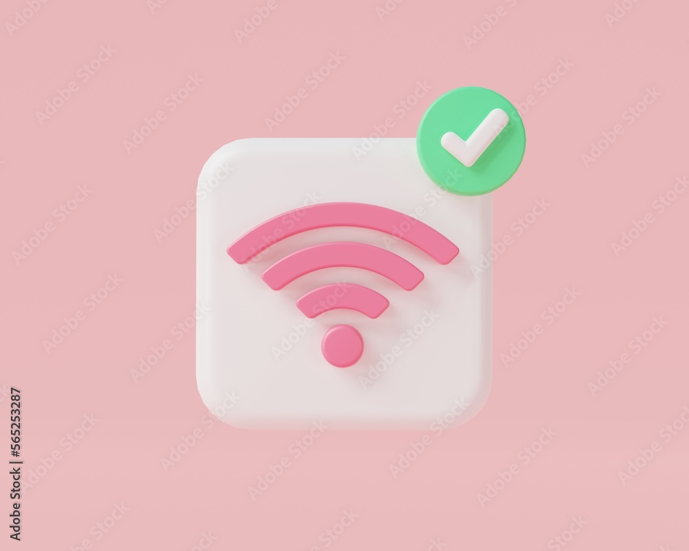 Poster wifi with approved icon on pink background. wireless internet. wi-fi symbol. wireless network icon. 