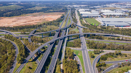 Aerial drone view of the Light Horse Interchange in Sydney, NSW Australia at the junction of the M4...