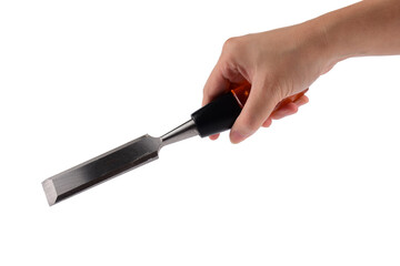 Hand holding wood chisels isolated on transparent background
