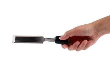 Hand holding wood chisels isolated on transparent background