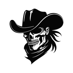 Dead cowboy in a cowboy hat. Skull of cowboy, black and white template for a logo or for a tattoo. Vector illustration