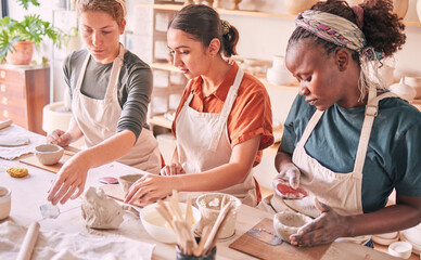 Pottery class, ceramic workshop or group design sculpture mold, clay manufacturing or art product....
