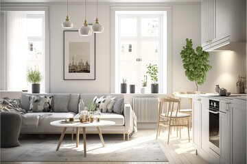 Fototapeta premium Designing a Minimalist Apartment with a Timeless Twist: Using AI-Generated 3D Renderings for Unique Domestic Architecture, Furniture Design, Interior Decor, and Indoor Art Illustrations, Chair, Stofa