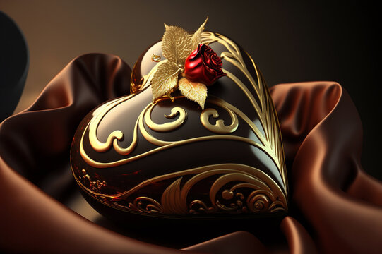 Chocolate Heart Box With Gold Ornate Details And A Metallic Rose With Gold Leaves. Generative AI