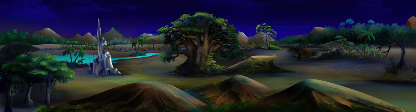 Tropical landscape at night illustration