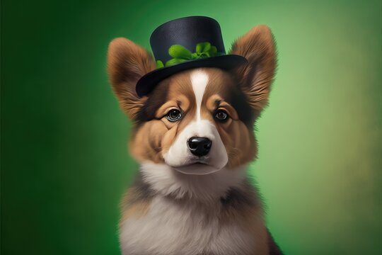Cute Dog with Green St. Patrick's Day Hat on blurred colored background. Generative AI