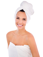 Portrait of a beautiful woman with a towel wrapped around her body smiling and looking the cameraPortrait of a beautiful woman caressing her skin while holding a hand mirror Isolated on a PNG backgrou