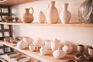 Fototapeta na wymiar Ceramics, dishes and pottery on shelf in studio, creative store and manufacturing startup. Clay products, background and shelves in workshop, small business and retail craft shop of stock production