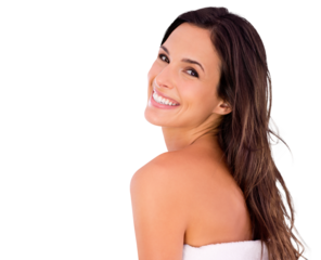 Portrait of a beautiful woman wrapped in her towel looking over her shoulder Isolated on a PNG background.