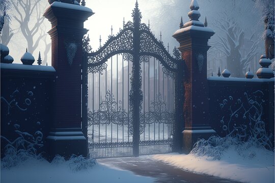 A Victorian old black gate slightly visible in the fog and frosted landscape.