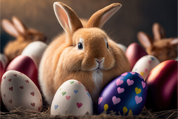 Cute easterbunny holding heart while being surrounded by easter eggs - AI Generated