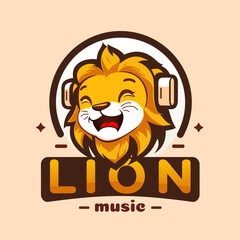 Young lion listens to music in headphones and squinted with pleasure. Lion music logo design. Cute lion head in cartoon style. Vector illustration © kiberstalker
