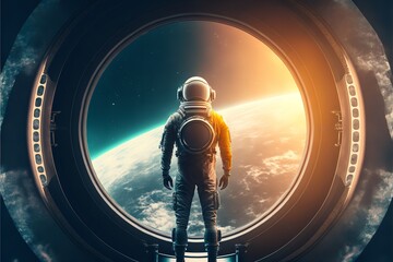 Spaceman in a spacesuit stands in front of spaceship circle window. Generative Ai.