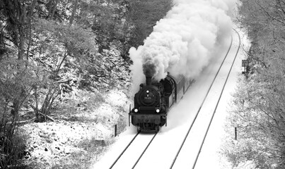 Steam train on the “Ruhrtalbahn“ (Ruhr valley line) between Arnsberg and Meschede Sauerland...