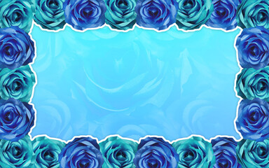 Fototapeta na wymiar blue and sky blue rose frame on white pattern, blur blue roses background, love, valentine, object, decor, copy space