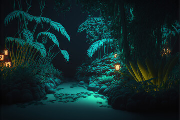 Mysterious 3D Bioluminescent Jungle: An AI Generated Render of a Unique and Creative Surreal Scene