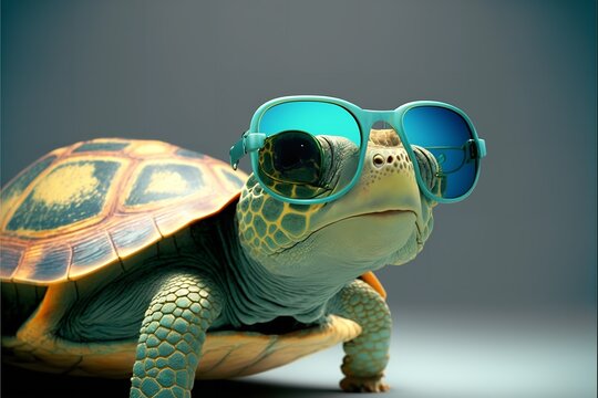 Cool turtle with sunglasses on a simple background. Generative Ai.