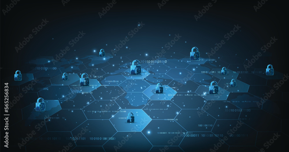 Poster concept of network security on dark blue background.global network security on dark blue background.