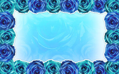 Plakat template blue and sky blue rose frame on white pattern, blur white and blue roses background, love, valentine, object, decor, copy space