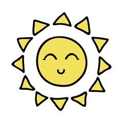 Hand drawn happy sun emoji. Summer doodle. Single vector element for design
