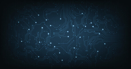 Futuristic circuit board computer technology background. Drawing a modern electronic circuit on dark blue background. Hi-tech digital technology concept.