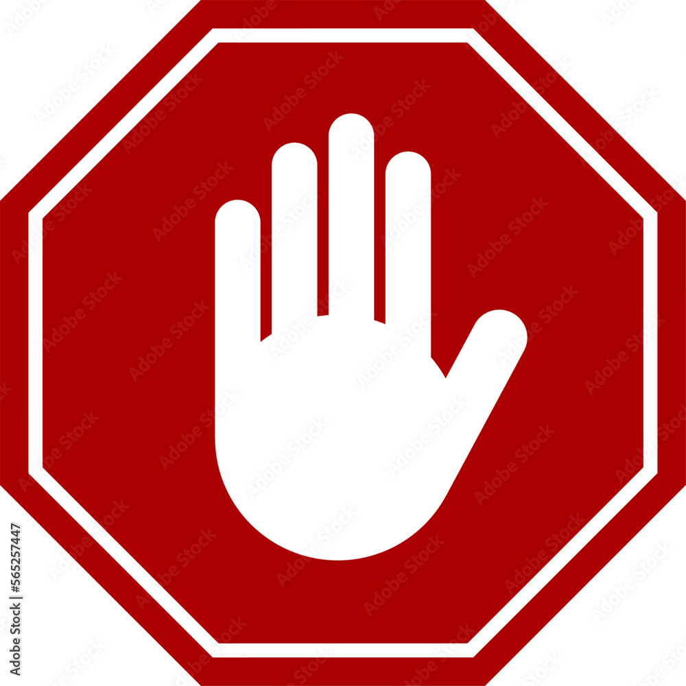 Poster red stop hand block octagon sign or adblock or do not enter or forbidden icon. vector image.