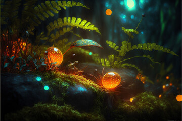 Obraz na płótnie Canvas A Mystical 3D Jungle Illuminated by Bioluminescent Orange: Exploring the Exotic Rainforest's Majestic Natural Environment
