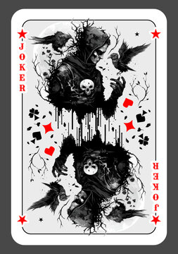 Joker or jester, card in the deck of cards. Jester with a skull in his hand surrounded by ravens. Playing cards with a joker. Vector illustration