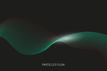 Sound wave dynamic particles flowing over the darkness. Abstract background vector fog lights. The beautiful waves are in the form of an arrangement of luminous dots.