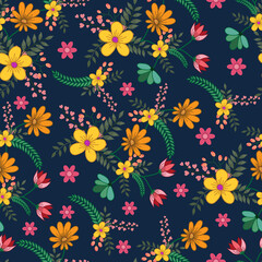 Seamless pattern with beautiful flowers.  Colorful flowers on blue background. fashion design. Vector illustration