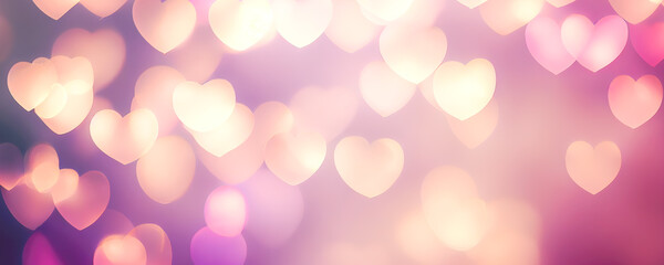 Abstract texture of bokeh heart shaped light. Love Valentine day concept. Sparkling light background. Wide angle format banner.