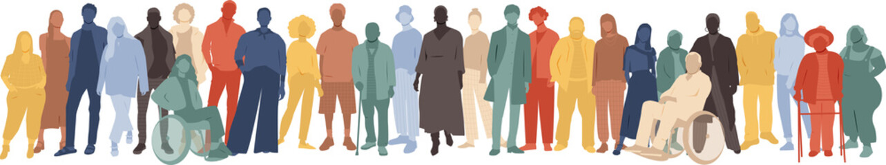 Different people stand side by side together. Transparent background.