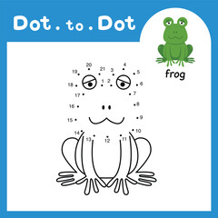 Dot to dot educational game and coloring book of frog animal cartoon for preschool kids activity about learning counting number and handwriting practice worksheet. vector illustration