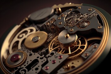 Watch mechanism close up. Precision cogs time. Generated by AI.