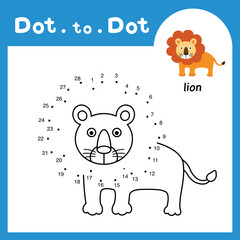 Dot to dot educational game and coloring book of lion animal cartoon for preschool kids activity about learning counting number and handwriting practice worksheet. vector illustration