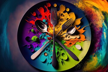 Collage of a colorful plate with fork, spoon and differents splash of color. Generated by AI.
