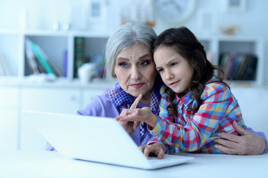 portrait of grandmother and daughter using laptop