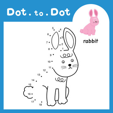 Dot to dot educational game and coloring book of rabbit animal cartoon for preschool kids activity about learning counting number and handwriting practice worksheet. vector illustration